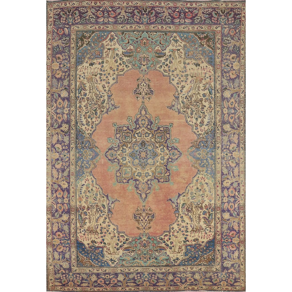 Tabriz Persian Vintage Rug Hand-Knotted Floral Coral Wool Carpet - 6'9" x 10'0"