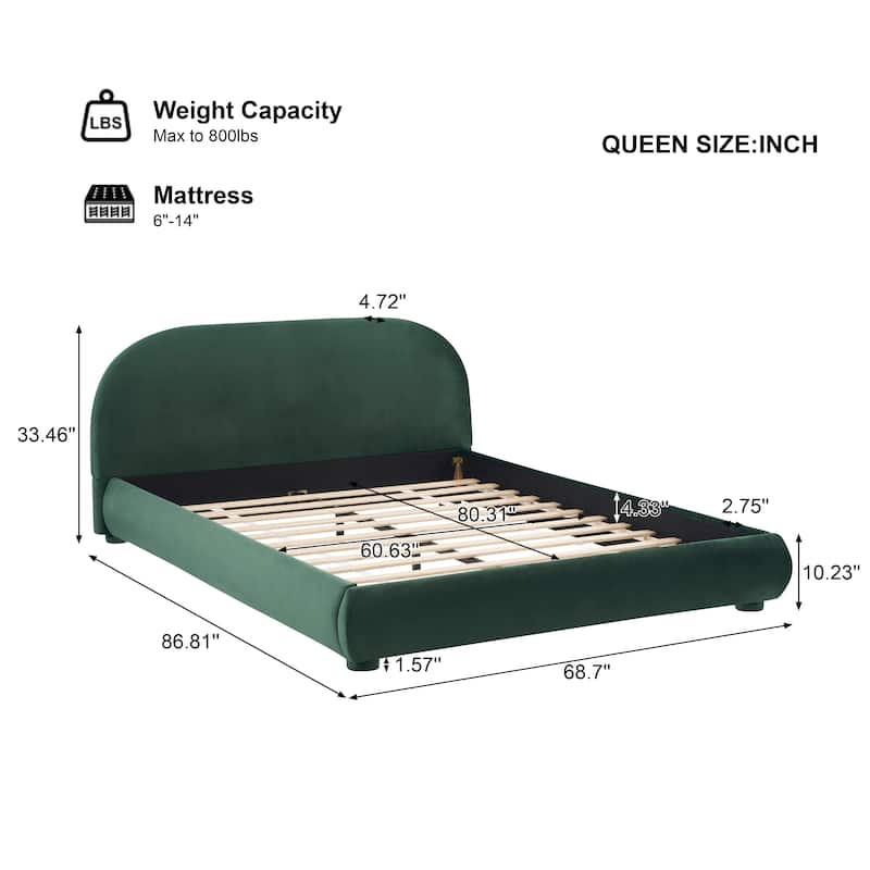 Velvet Upholstered Platform Bed with Headboard, Luxury Low Profile Bed Frame with Wood Slat Support, Grounded Bed for Apartments