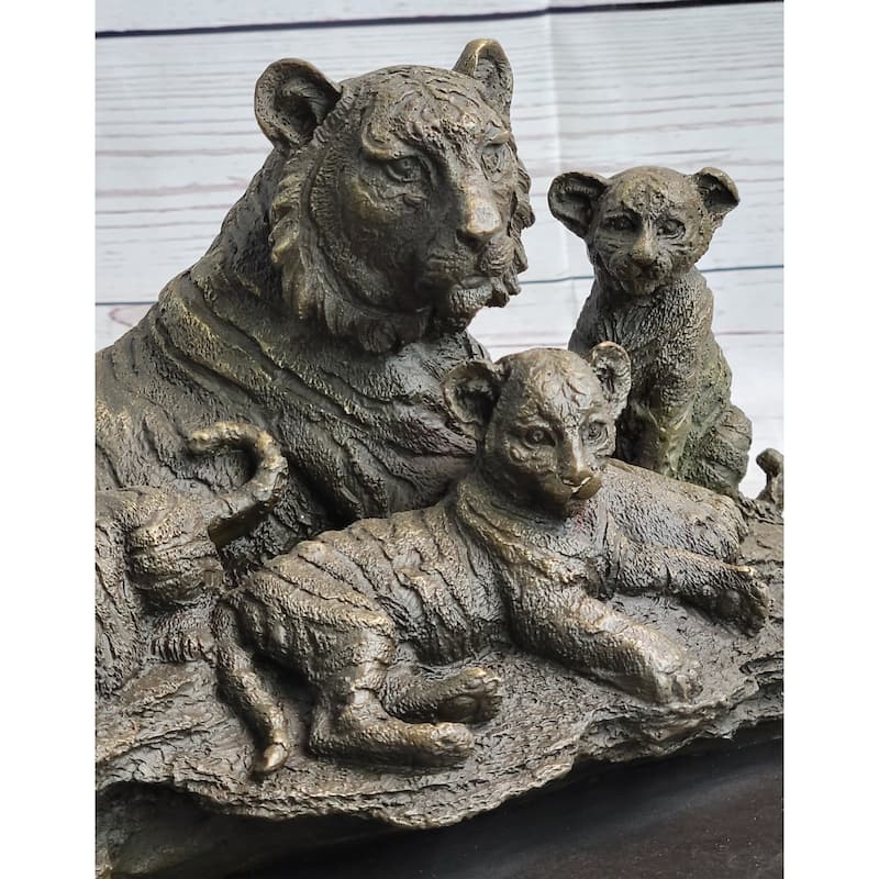 Tiger Family Cubs Asian Wildlife Bronze Sculpture Statue Figure Signed Art Marble Base