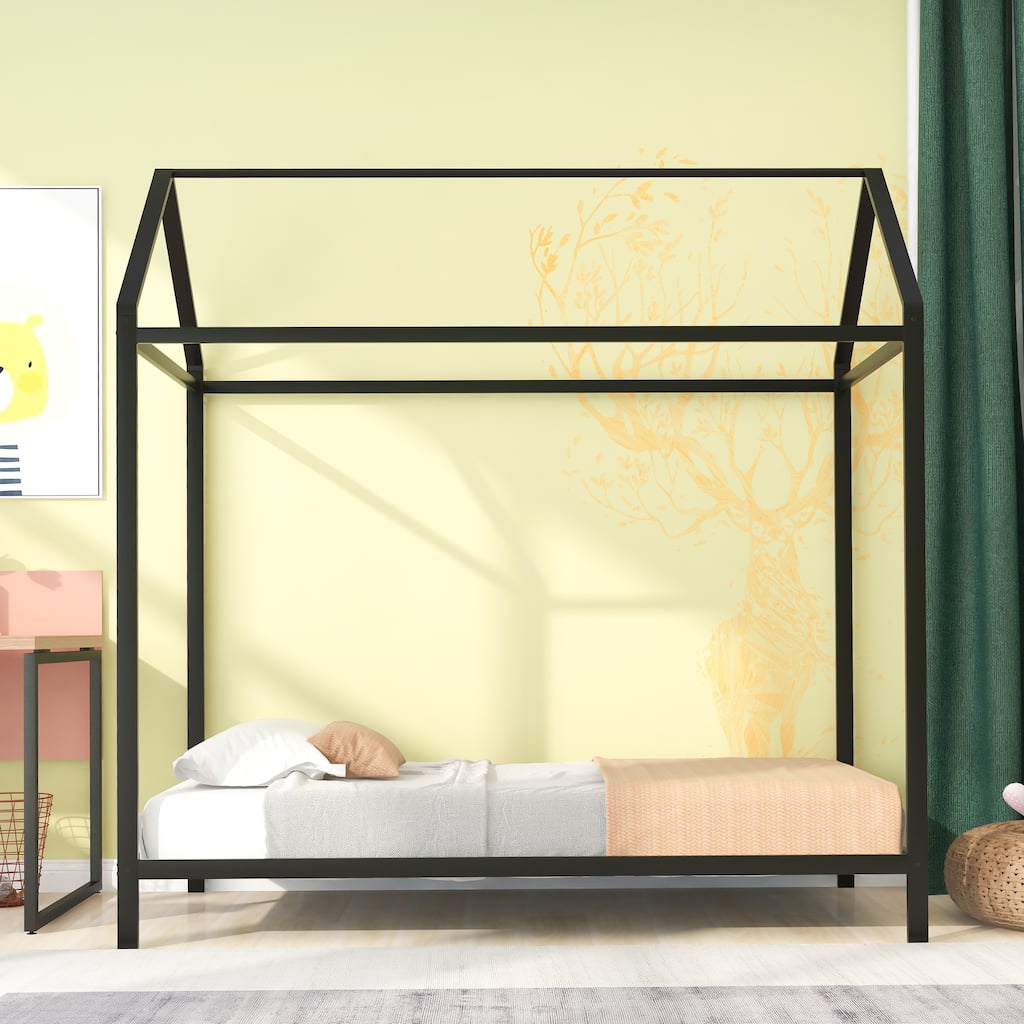 Metal House Bed Frame Twin Size, Heavy Duty Metal Kids Floor Bed Frame with Slat Support, Adjustable Height