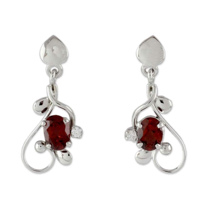 Handmade Pure Love Garnet Dangle Earrings (India) - 1L*0.5W - 1L*0.5W - Red - Red - Garnet - White