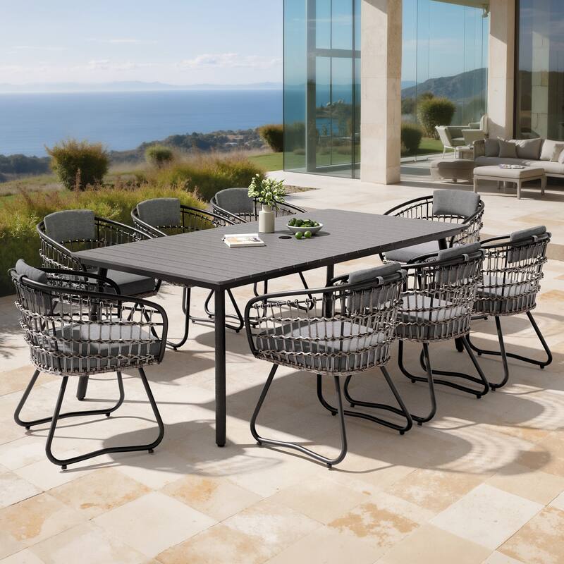 9PC Outdoor Patio Dining Set Aluminum Umbrella Hole Table with Rattan Chairs - GreyTable&GreyChairs
