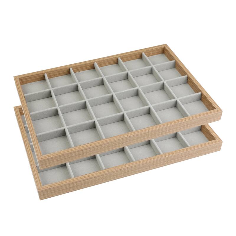 Set of 2 Wood Jewelry Trays for Drawers Stackable, Girls' Jewelry Organizer Drawer Inserts Display Storage - Light Brown