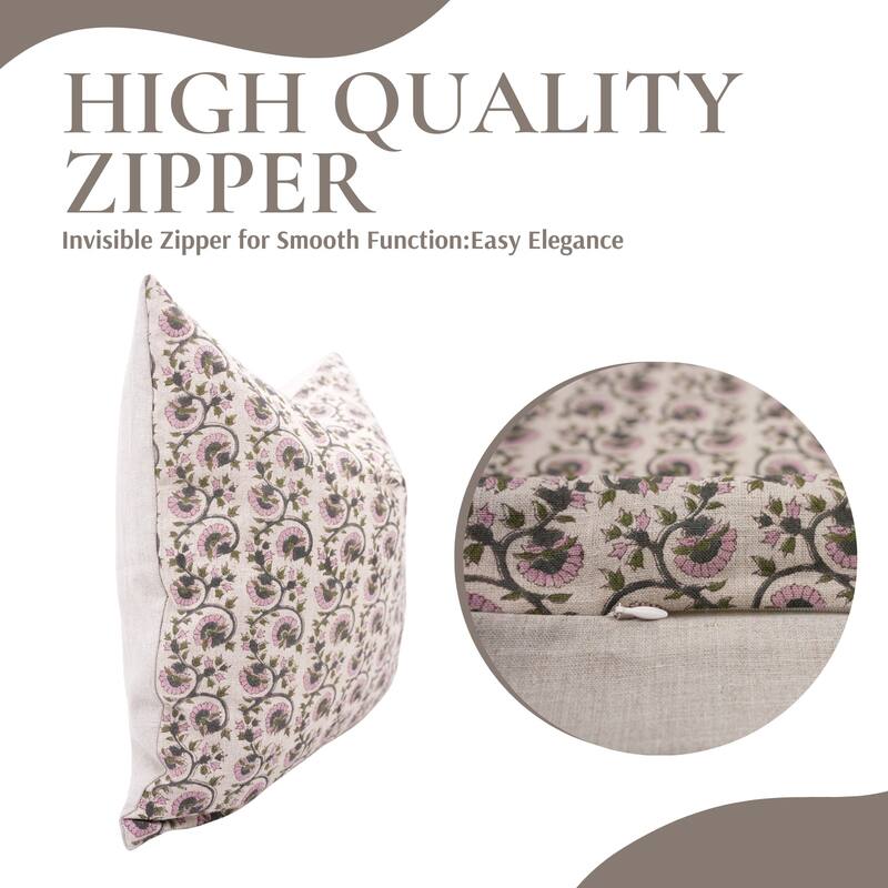 Fabdivine Handmade Block Print Floral Pillow Cover, Soft Pure Linen for Sofa, Alpana