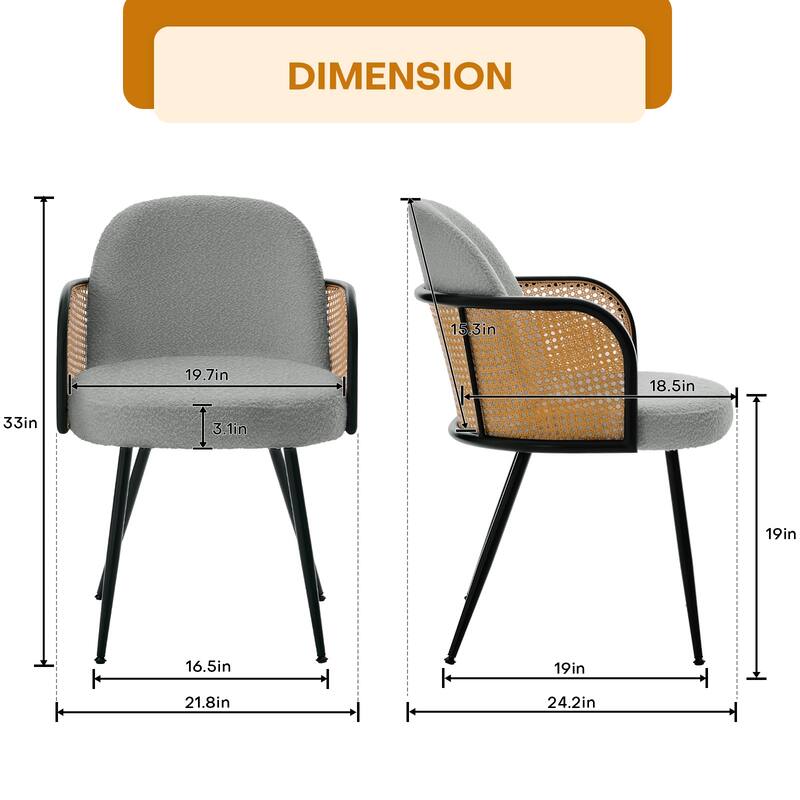 Upholstered Rattan Dining Chairs Set of 2, Arm Side Chair - 21.8" W x 24.2" D x 33" H