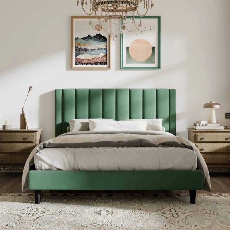 Velvet Upholstered Platform Bed Frame with Headboard - Green - Queen