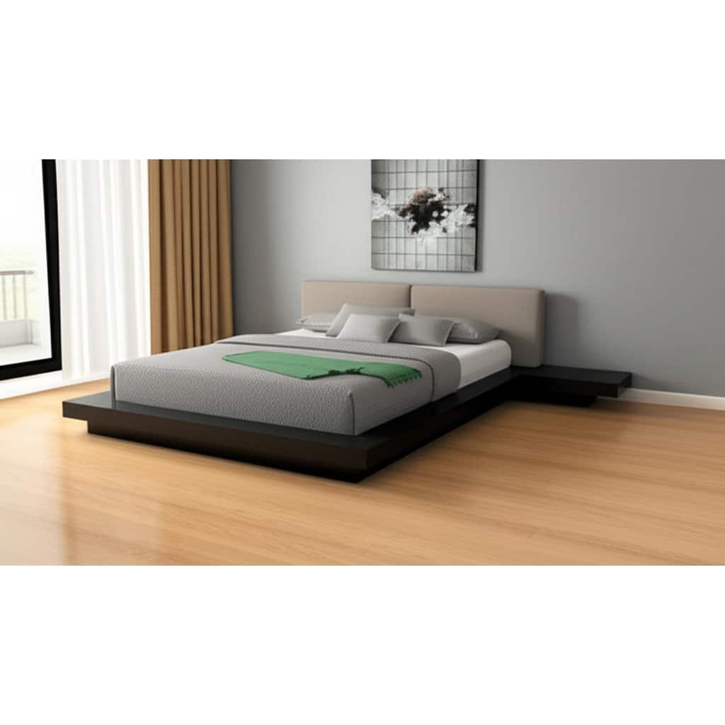 HomeRoots Black and Gray Wood And Faux Leather Queen Bed Frame With Attached Nightstands