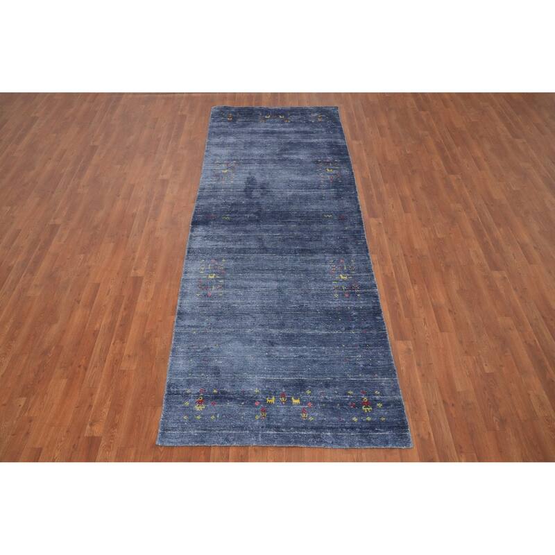 Hand Knotted Oriental Viscose Silk Carpet Tribal Animal Pictorial Navy Blue & Blues Gabbeh Runner Rug - 10' 4'' X 3' 9''