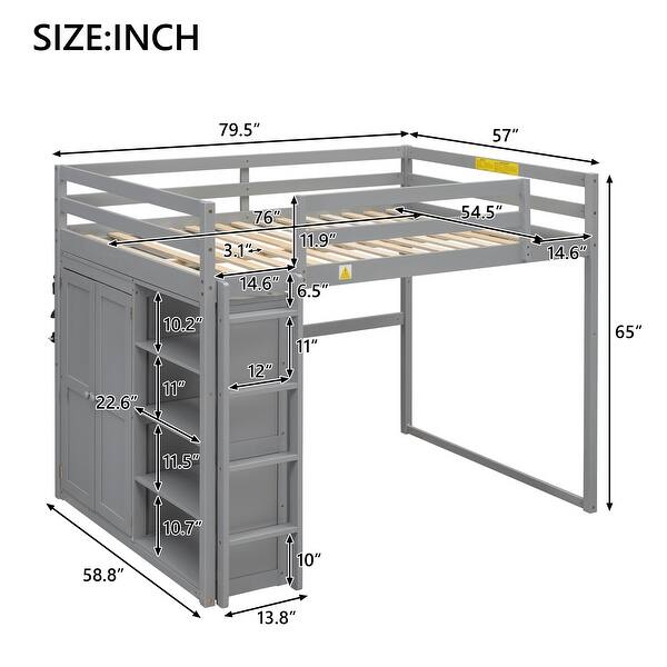 Gray Full Size Wood Loft Bed with Wardrobe and Storage Shelves