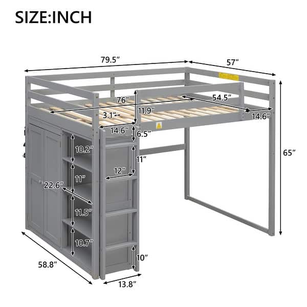 Grey Full Size Loft Bed with Storage Shelves & Wardrobe, Space Saving Wood Loft Bed Frame with LED Light for Kids Teens Adults