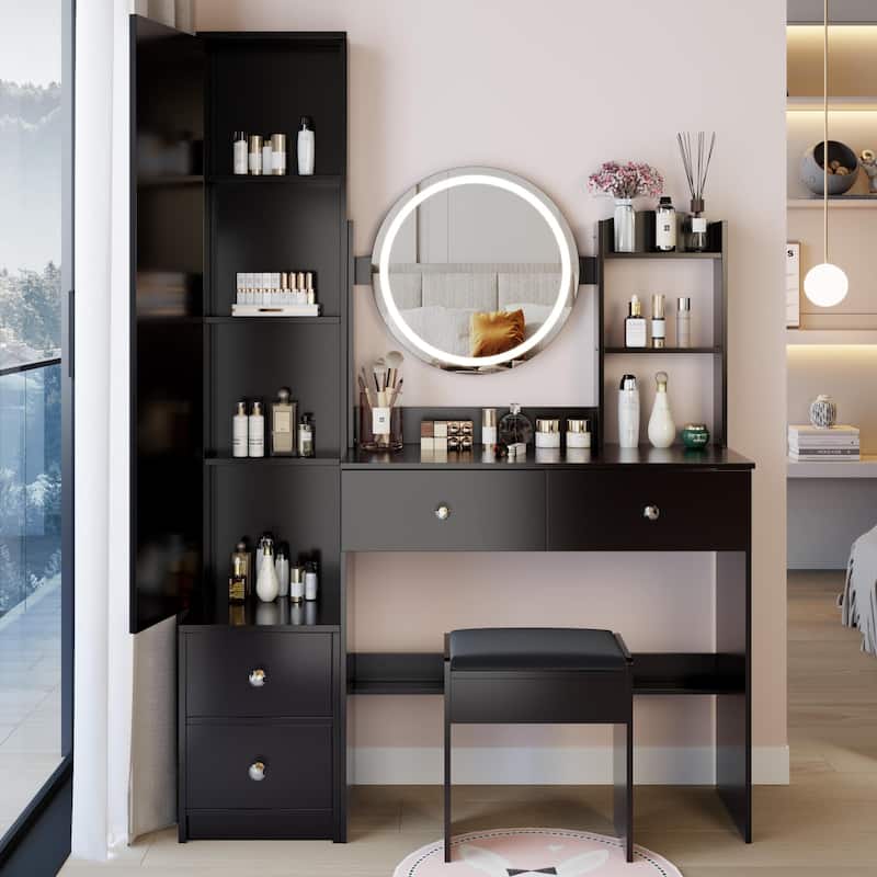 Full Body Mirror Cabinet + Round Mirror LED Vanity Table + Cushioned Stool, 17" diameter LED Mirror, Touch Control