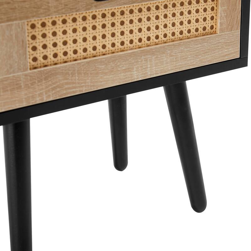 15.7" Rattan Nightstand, Living Room Brown Storage Cabinet, End Table Side Table for Bedroom with Drawer and Solid Wood Legs