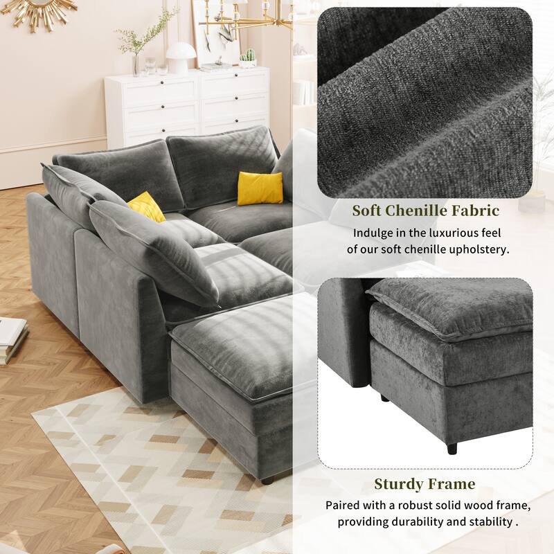 Grey 126" U-Shaped 6-Seater Modular Sofa with Ample Storage, Double Cushions, and Customizable Layout Options