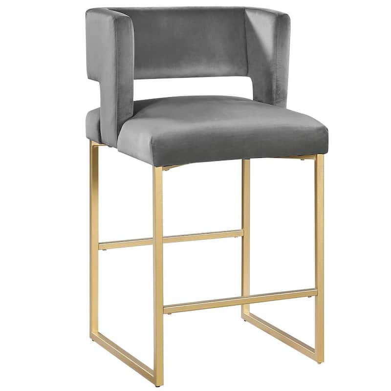 27 Inch Counter Stool Set of 2 with Soft Padded Gray Velvet Upholstery, Gold Metal Legs, Kitchen Side Stool