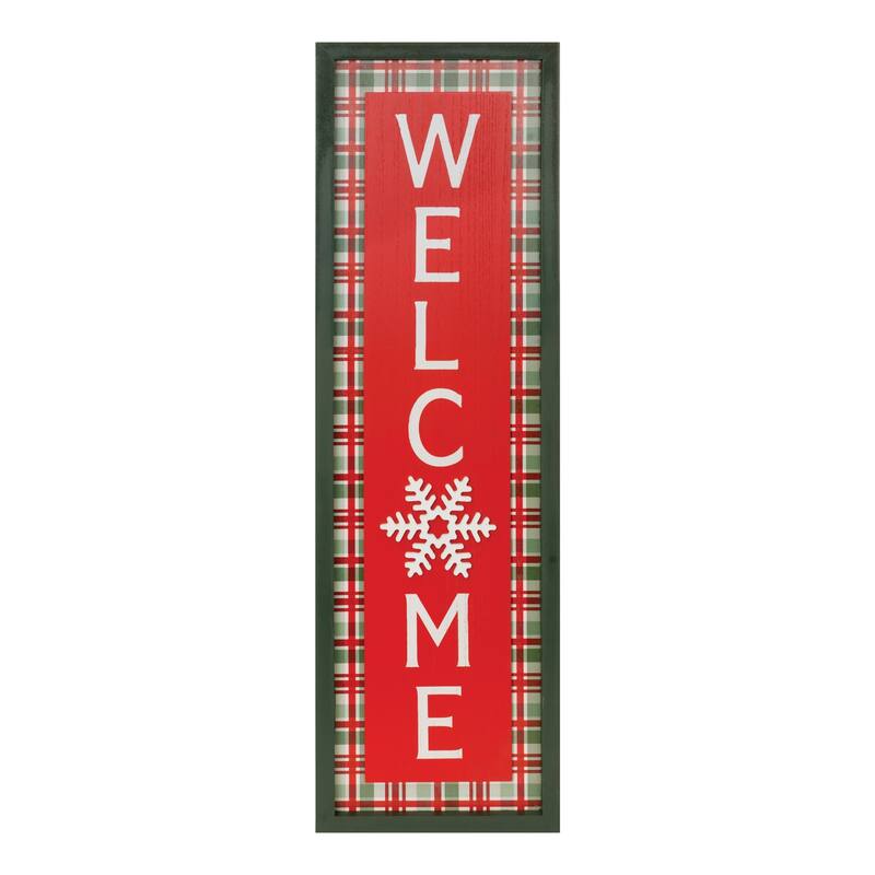 31.5" Christmas Porch "Welcome" Sign in Red and White MDF Wood with Snowflake and Plaid Holiday Design - 9.5”L x 1”W x 31.5”H