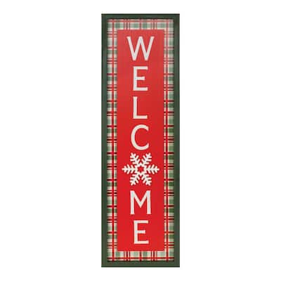 31.5" Christmas Porch "Welcome" Sign in Red and White MDF Wood with Snowflake and Plaid Holiday Design - 9.5”L x 1”W x 31.5”H