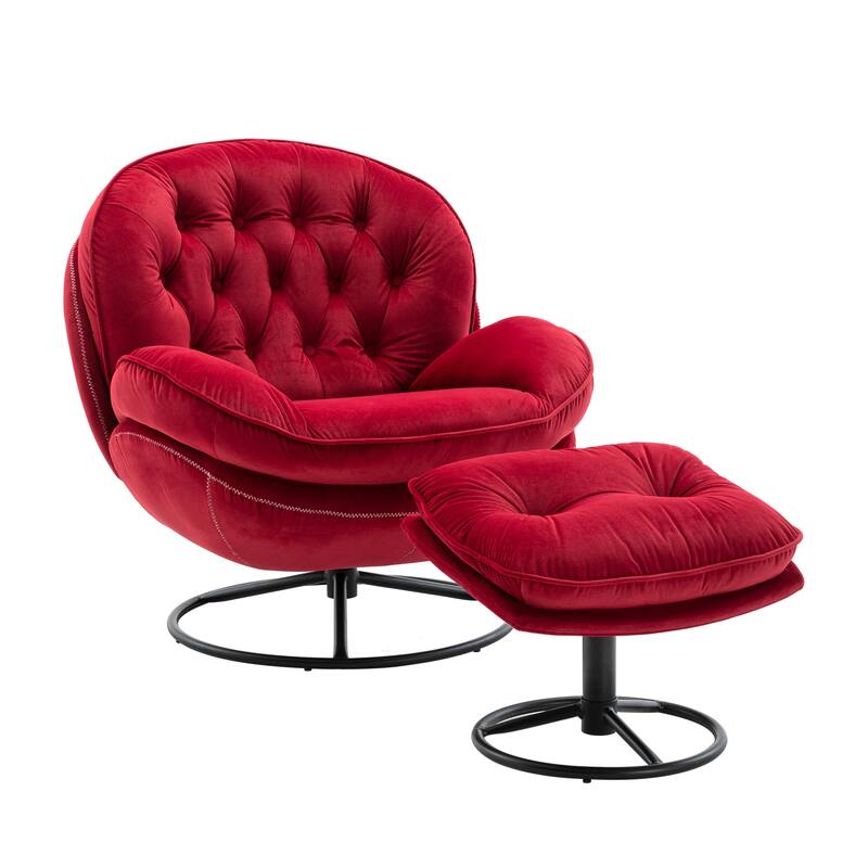 Velvet Swivel Accent Chair with Ottoman & Metal Legs (360° Rotation)
