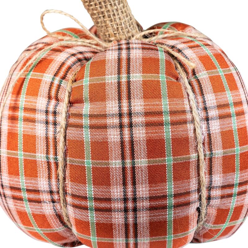 Plush Ribbed Plaid Fall Harvest Pumpkin - 8" - Orange and Green