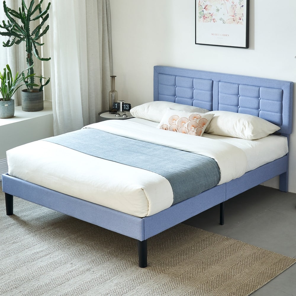 Strong Frame and Wooden Slats Support Bedframe，Platform Bed Frame with Linen Upholstered Headboard,Light Blue Bed Frames