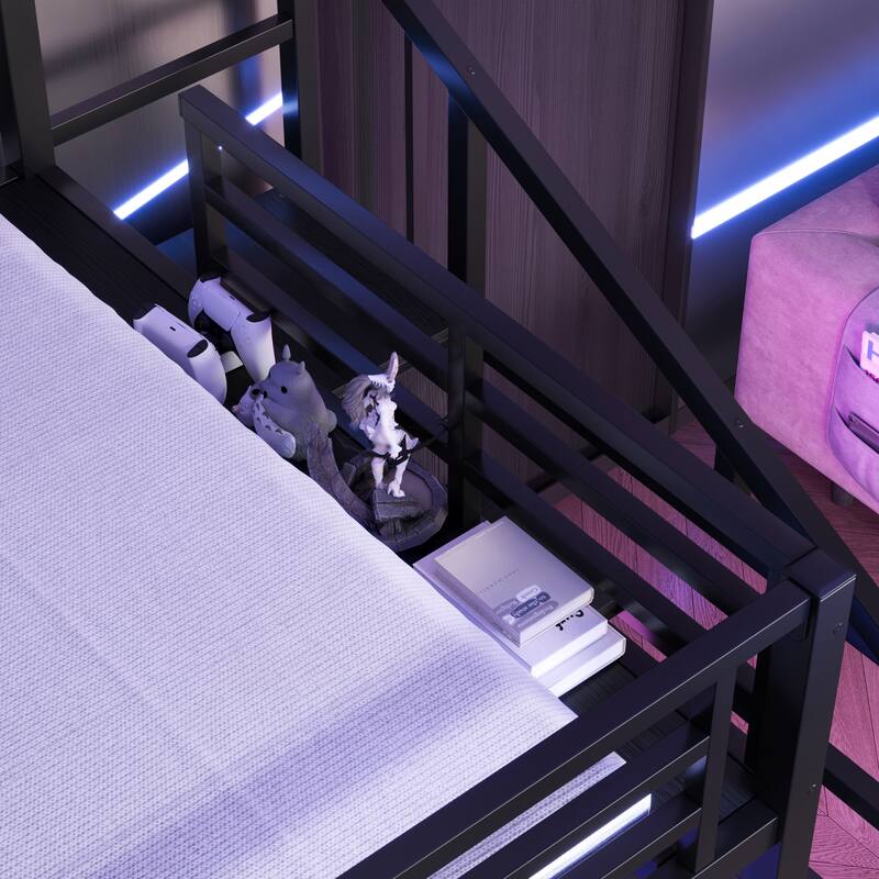 Twin XL/Full XL Metal Loft Bed with L-Shaped Desk, USB, LED Lights, Wardrobe & Storage Stairs for Kids/Teens/Adults