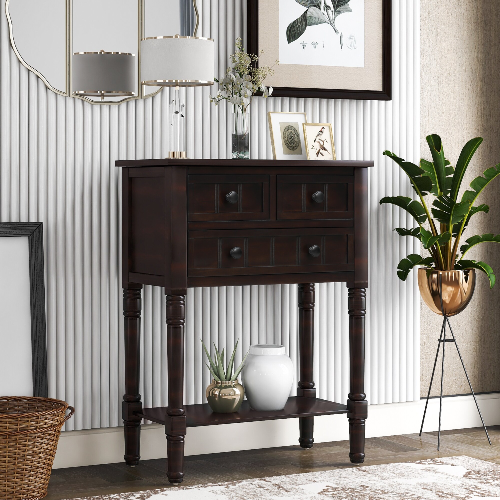 Narrow Console Table with Three Storage Drawers and Bottom Shelf
