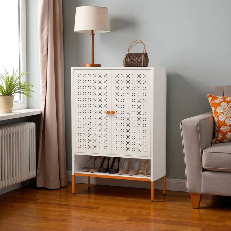 31.5" Metal Double Door Shoe Cabinet, Modern Freestanding Shoe Storage with Adjustable Shelves and 15cm Elevated Base - White