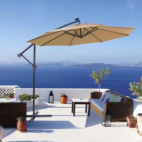 10 FT Beige Patio Umbrella Hanging Cantilever with 32 LED Lights