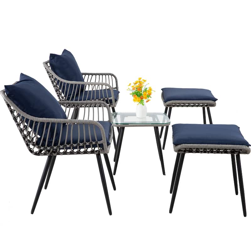 5-PC Wicker Outdoor Sofa Set, 2 Chairs, 2 Ottomans, 1 Table