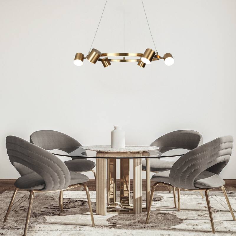 Mid-Century Modern 6-Light Gold LED Wagon Wheel Chandelier Metal Pendant Lights for Dining Room