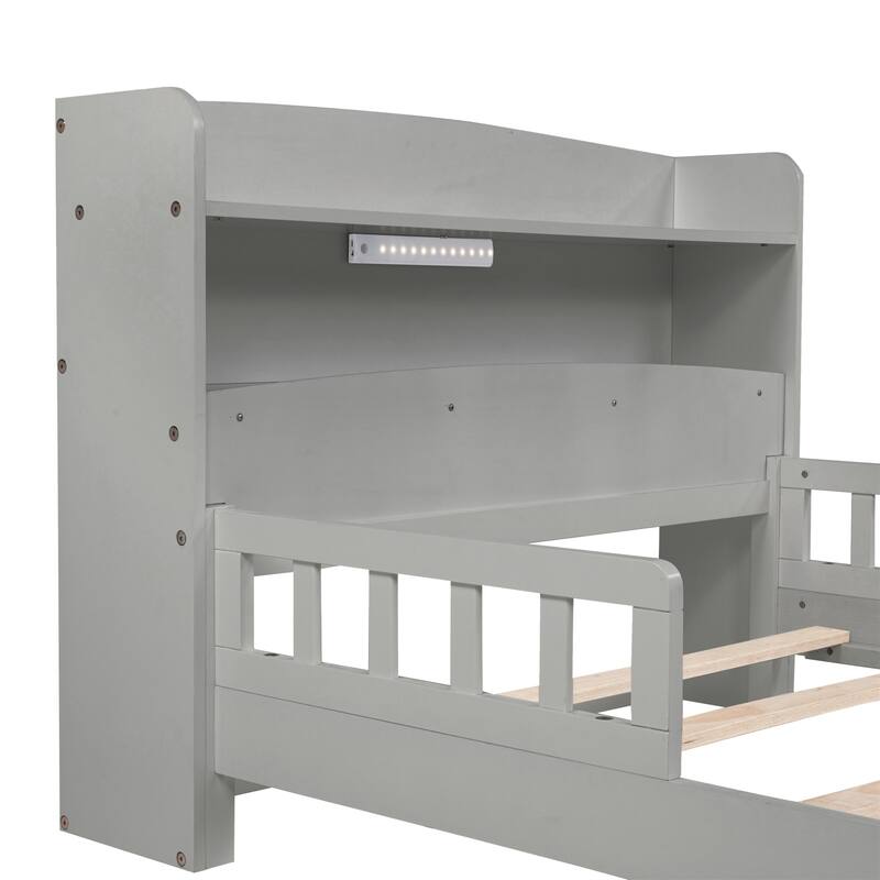 Twin Size Pine Bed w/ Bookcase Headboard ,LED Sensor Light, Guardrails