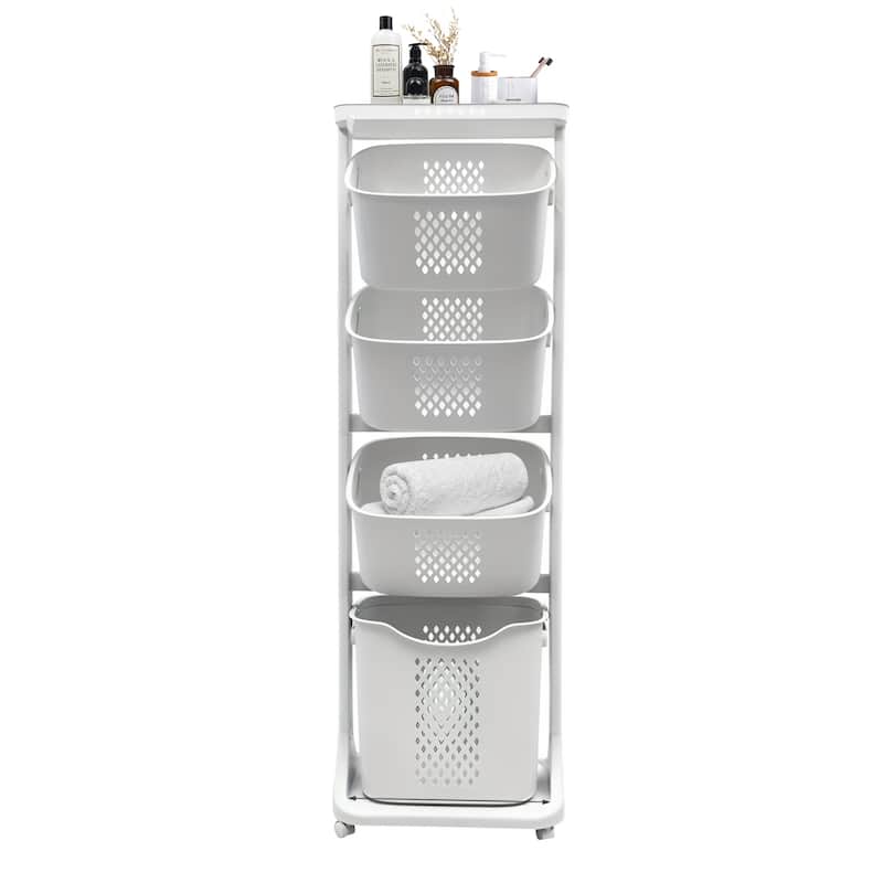 4-Tier Laundry Hamper Sorter, Laundry Storage Organizer with Wheels Removable Rolling Laundry Baskets - White