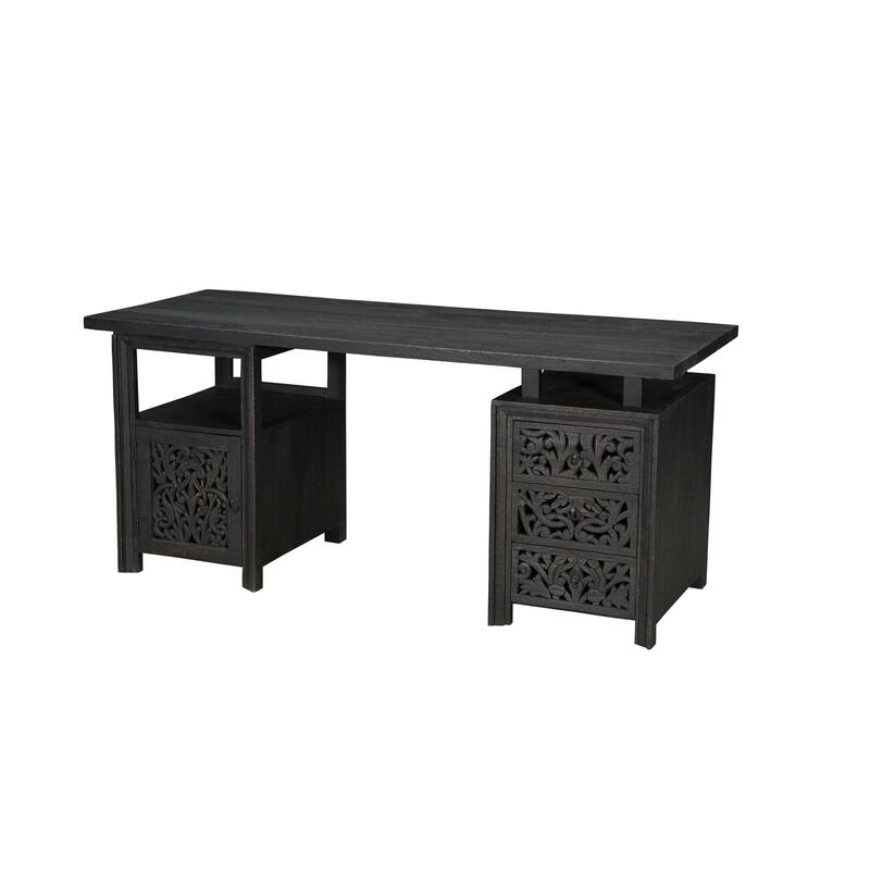 HomeRoots 68" Black Solid Wood and Metal Carved Floral Desk With Three Drawers