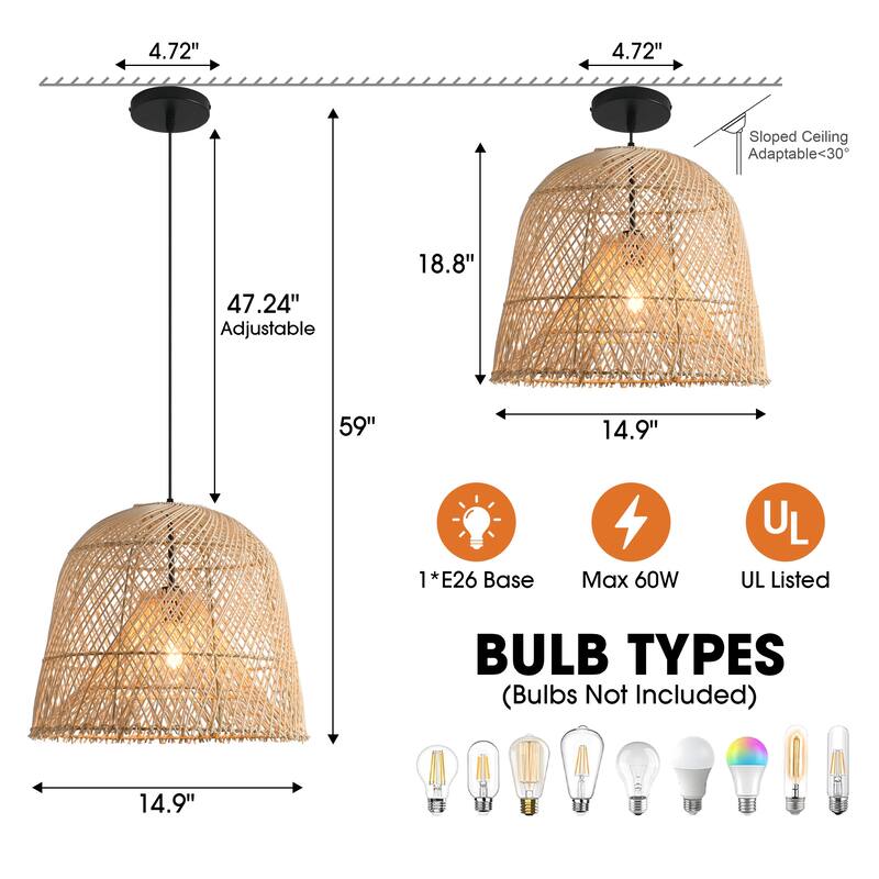 1-Light Coastal Retro Brown Rattan Hand-Woven Cloche Hanging Basket Pendant Light - 14.9" W x 59" H