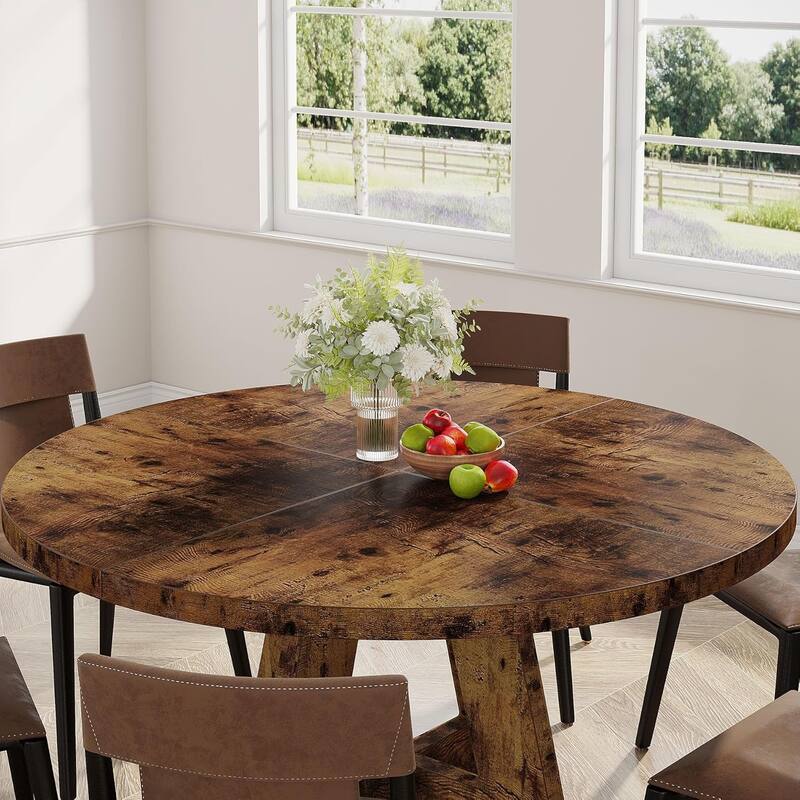 47" Round Wood Dining Table 4-Seater Farmhouse with Wooden Tabletop Cross Base for Dining Room/Kitchen