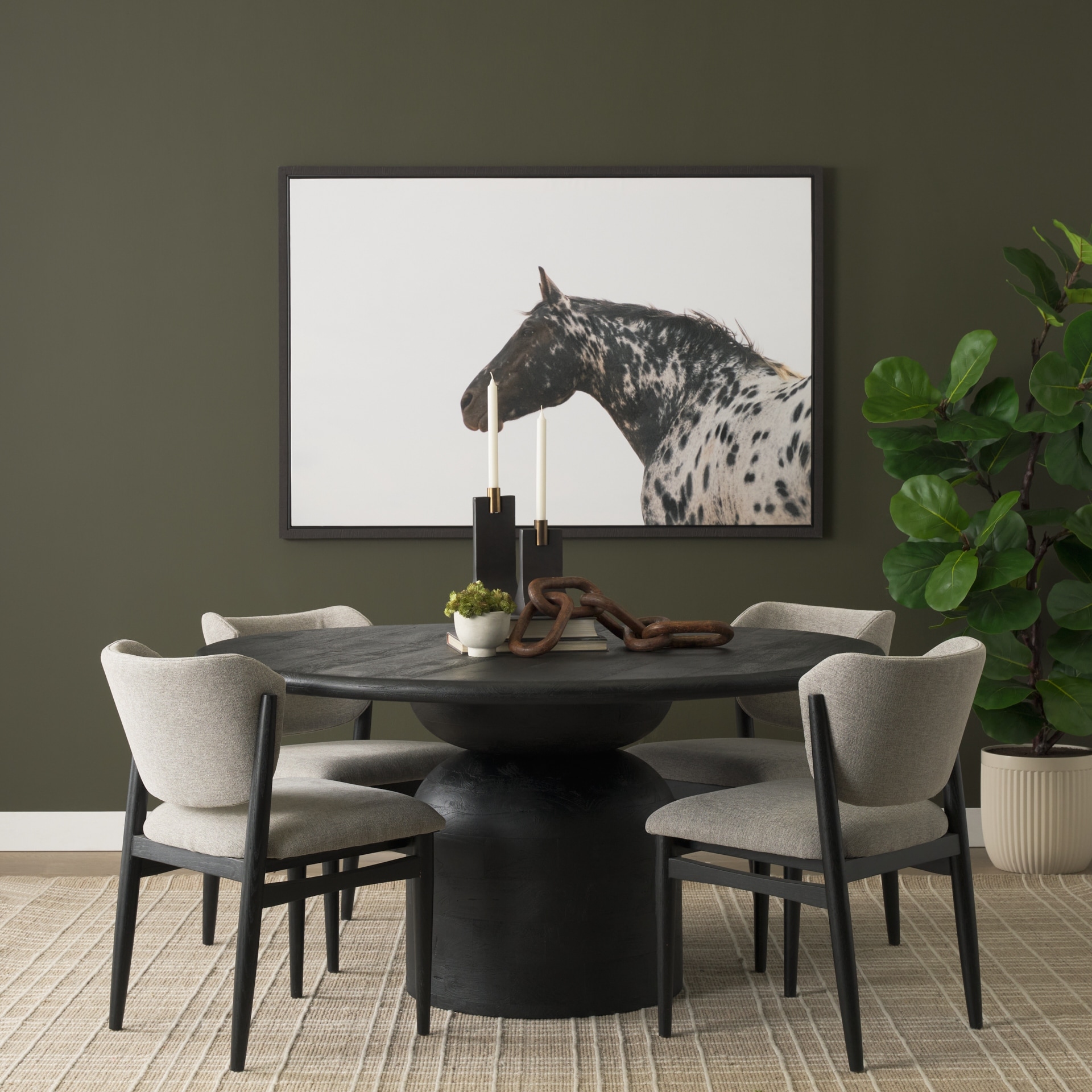 Mercana Atlas 60" Black / Warm Mid-Brown Wood Stacked Pedestal Base Round Dining Table