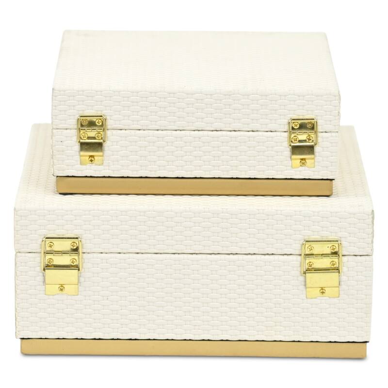 Tamsin Set of 2 Square Decorative Storage Boxes - Wicker Weave Pattern with Gold Hardware