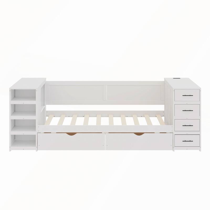 White Wooden Twin Size Daybed with Multi-Functional Desk and Charging Station