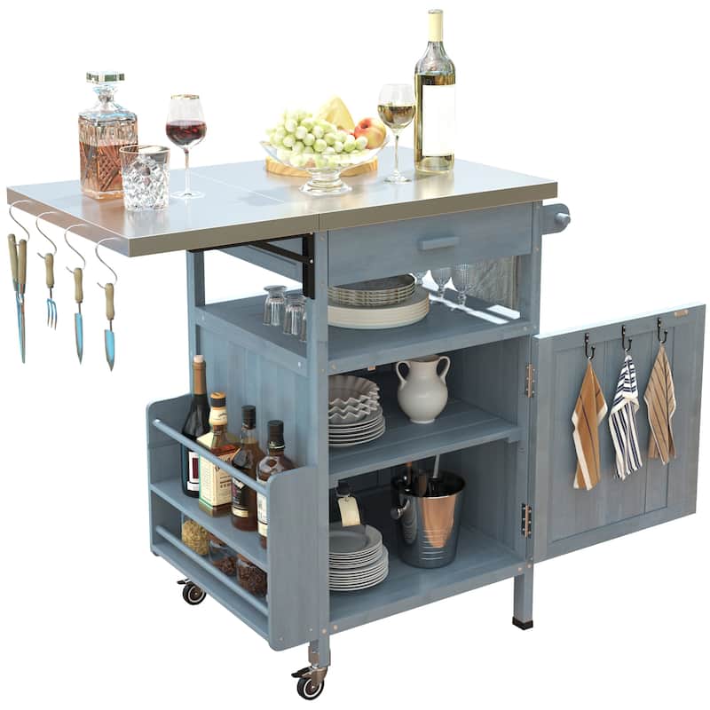 40.5" Outdoor Grill Cart with Stainless Steel Top, Rolling Buffet Serving Cart with Drop Leaf, Patio Kitchen Island Cart