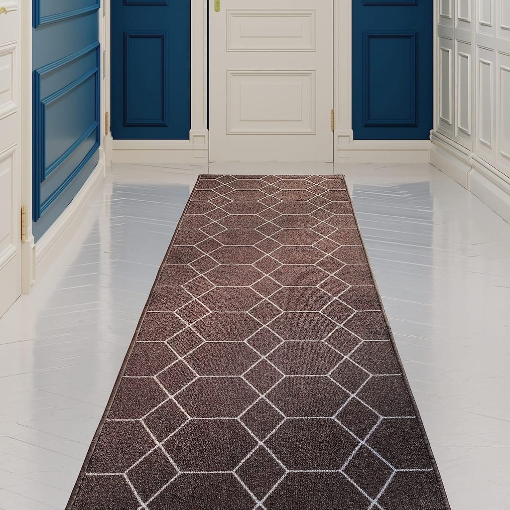 Custom Size Hexagon Design Brown,Gray,Red Color Non-Slip Rubber Backing-26 Inch WidexYour Choice of Length Runner Rug