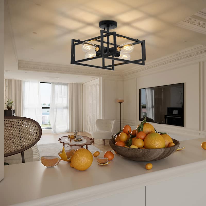 Starsky 4-Light 15in Modern Farmhouse Caged Ceiling Light Geometric Rectangle Semi-Flush Mount