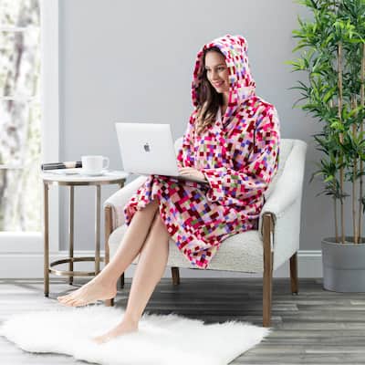 Classic Turkish Towels Multicolor Square Printed Hooded Velour with Terry Lining SPA Bath Robe