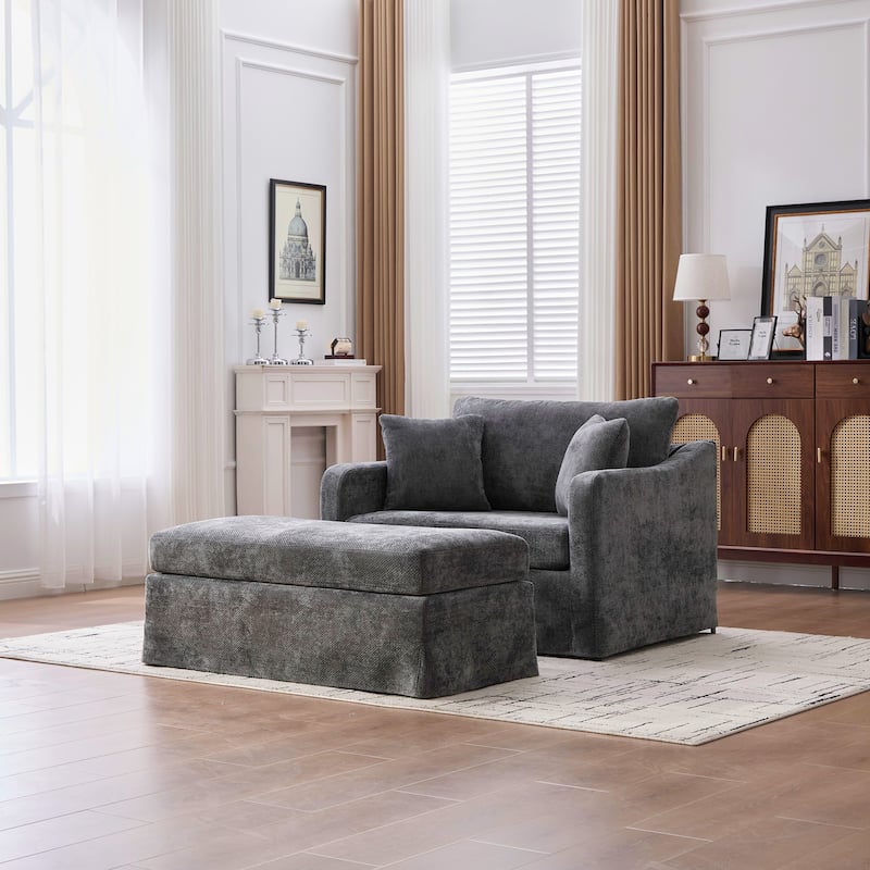 Morden Accent Chair with Ottoman, Chenille Living Room Side Chair, Single Sofa Armchair with Bolster Pillows