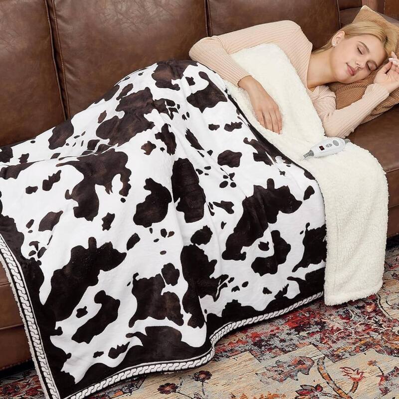Cow Print 10 Heat Levels Electric Heating Blanket, Machine Washable, Brown+White - 72"*84"