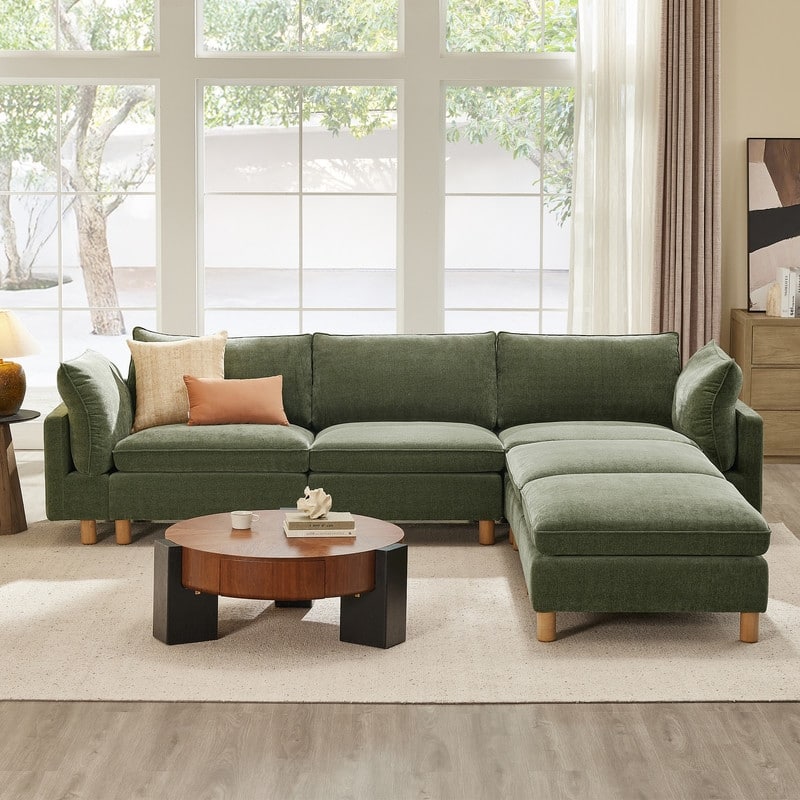 Spruce & Spring Modular Cloud Couch Sofa with Wood Legs for Living Room - Green-Fabric-5PC