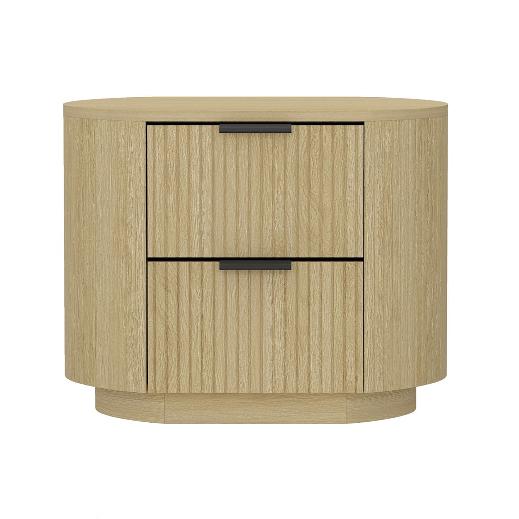 Modern Nightstand with 2 Drawers Natural Oak Finish Ribbed Texture