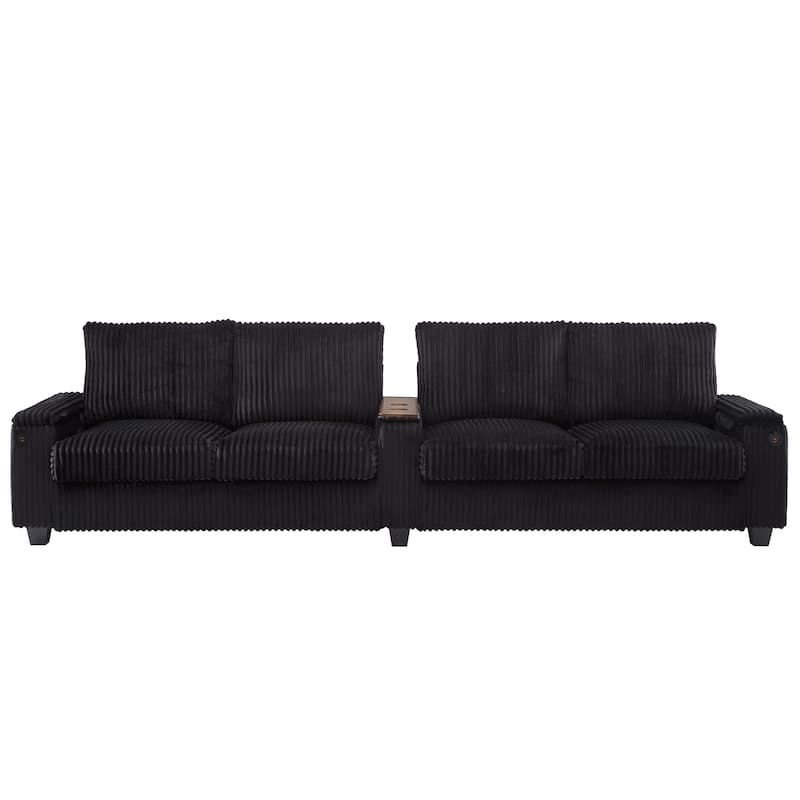 4 Seater Corduroy Sofa Couch with USB Ports and Storage Arms, 133" Modern Sofa with Side Pockets and Flip-Top Cup Holders