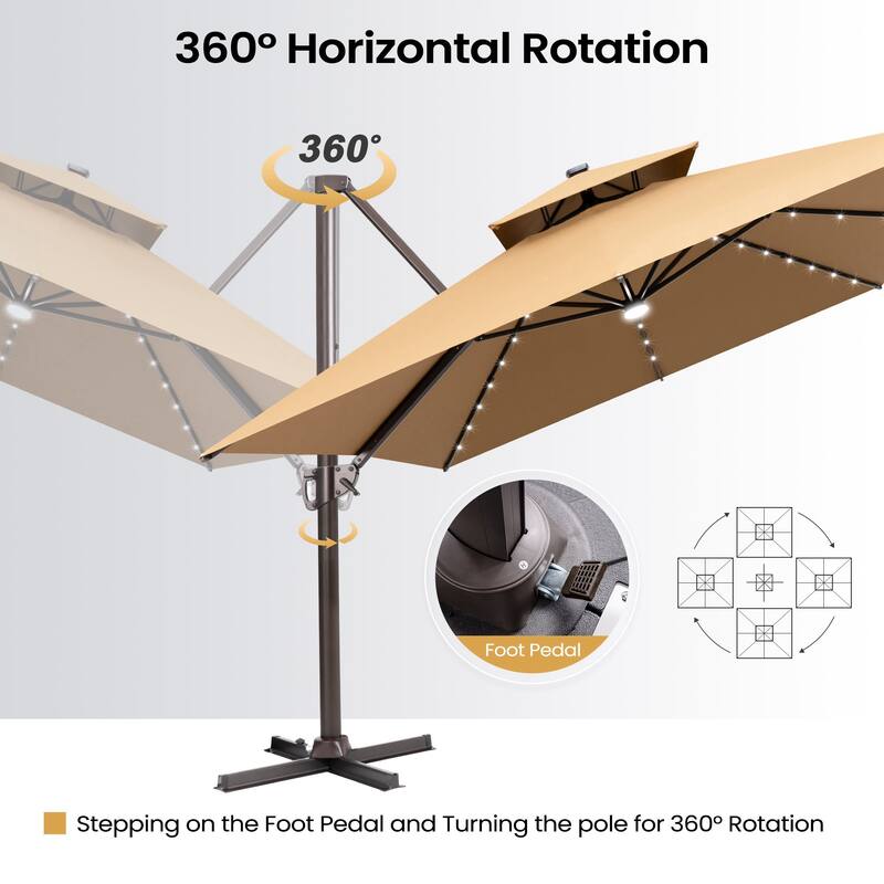 13 x 10 FT Double Top Solar powered LED Patio Cantilever Umbrella Aluminum with Base