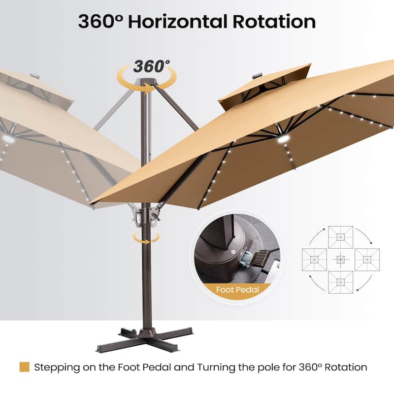 13 x 10 FT Outdoor Patio Cantilever LED Lighted Double Vented Umbrella with Base