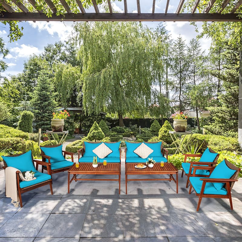 Costway 8PCS Patio Rattan Furniture Set Acacia Wood Frame Cushioned - Turquoise