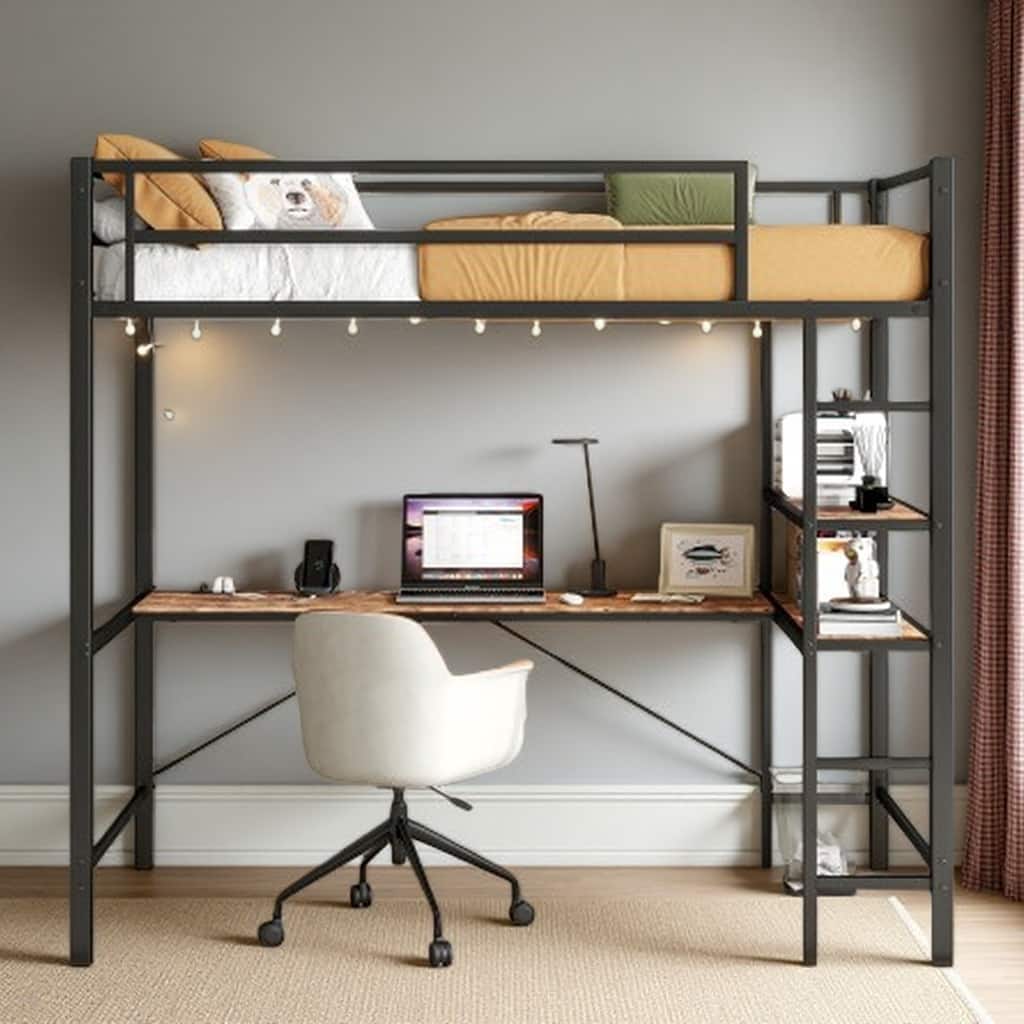 Sturdy Twin Loft Bed with L-Shaped Work Desk, Built-in USB & AC Charging Ports, LED Lighting, Safety Rails, and Storage Shelves